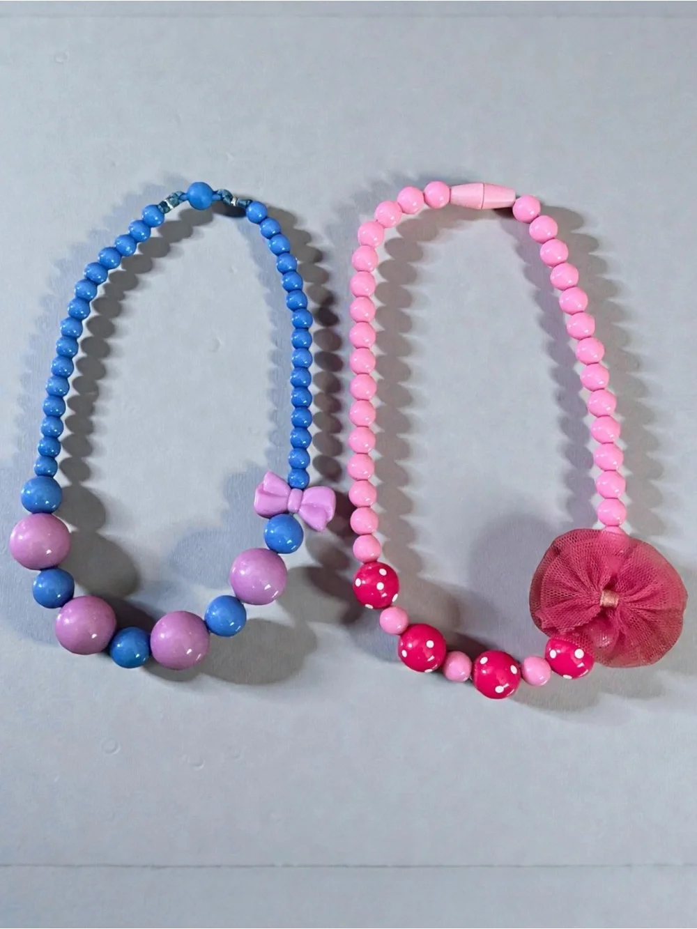 Kids Pink and Blue Beaded Necklace Set - Cute Bow & Flower Designs